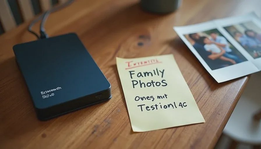 Yearly backup test and labeled local photo archive Labeled external photo drive with yearly test note and printed photos