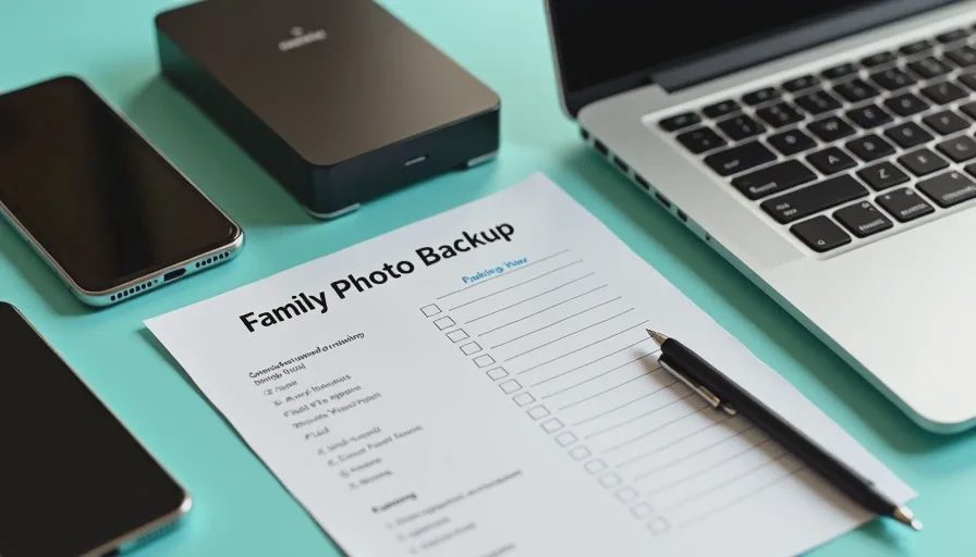 Setting up automatic phone backups and a local master copy Phones, external drive, and laptop prepared for family photo backup