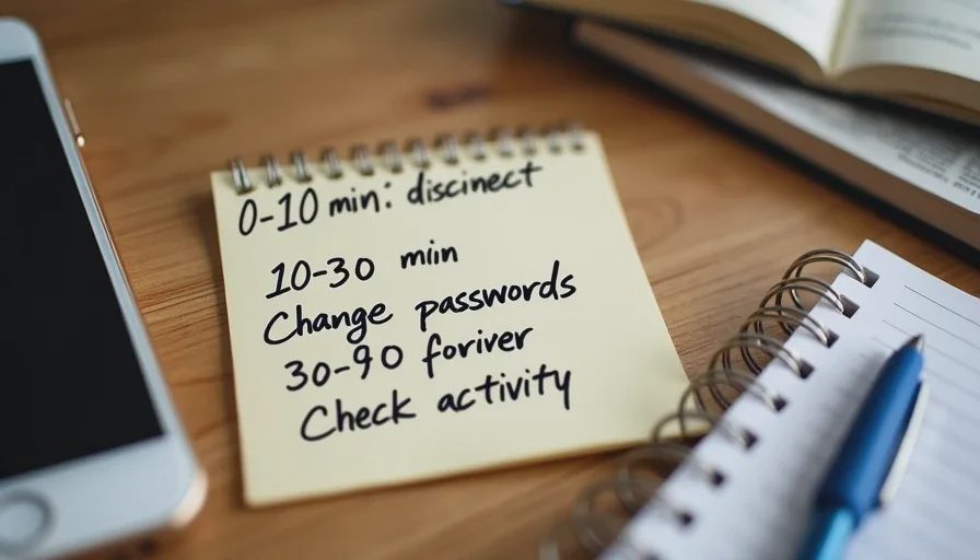 Ordered first-hour response timeline after a phishing incident Handwritten first-hour timeline next to phone and notebook
