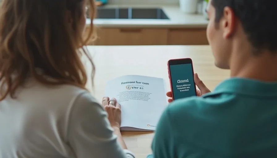 First no-shame conversation after a family member encounters a scam Family members reviewing a scam message together with a conversation guide
