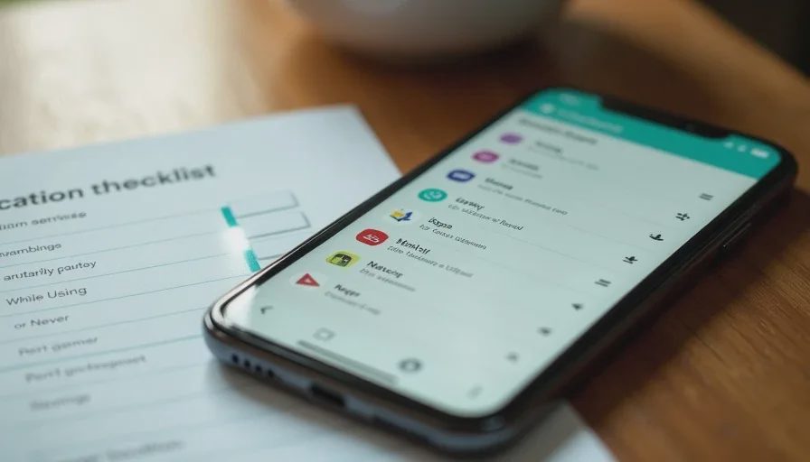 Reviewing location access on a new family phone Smartphone privacy settings screen showing location permissions next to a printed checklist