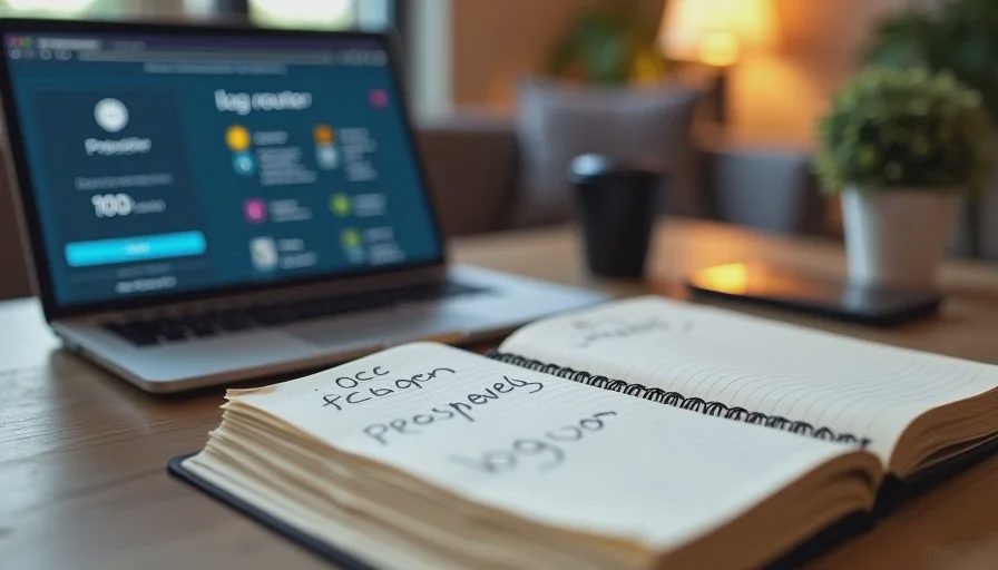 Handwritten friction log notebook next to laptop showing router settings