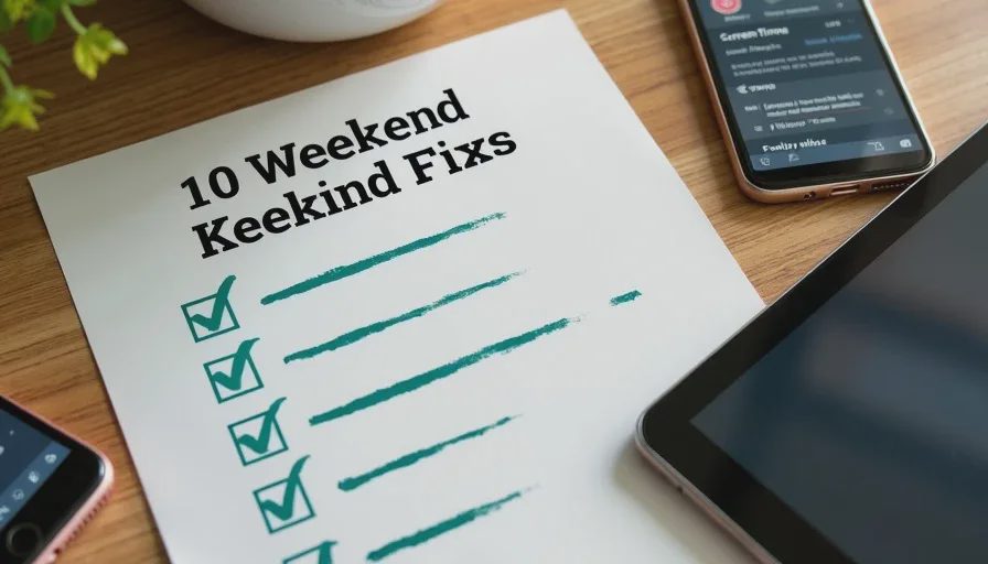 Printed family digital safety checklist beside phones and a tablet