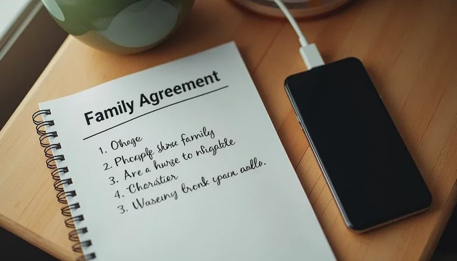 Jointly written household technology rules for a teen’s first smartphone Handwritten family phone rules next to a smartphone and charging cable