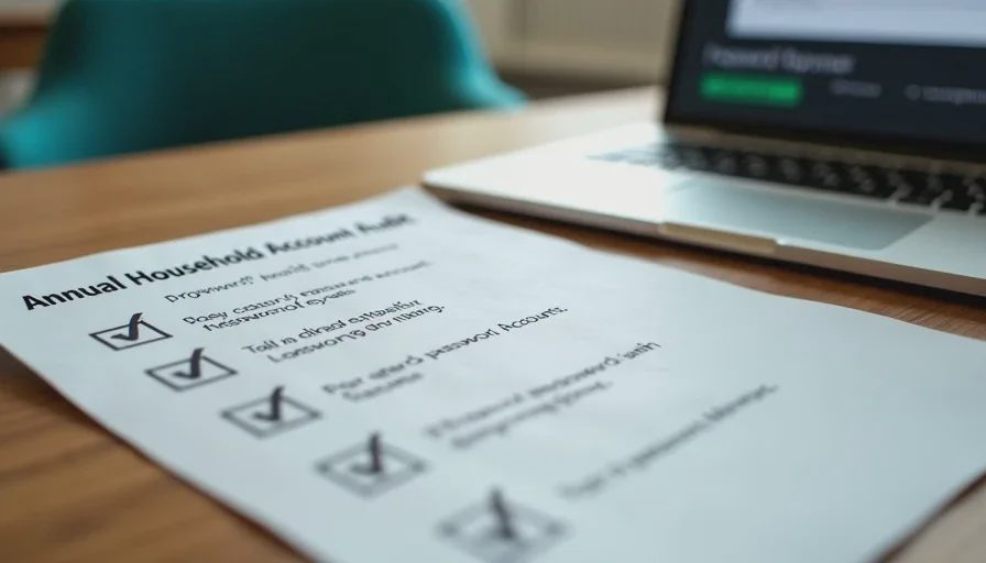Printed annual account audit checklist next to a password manager