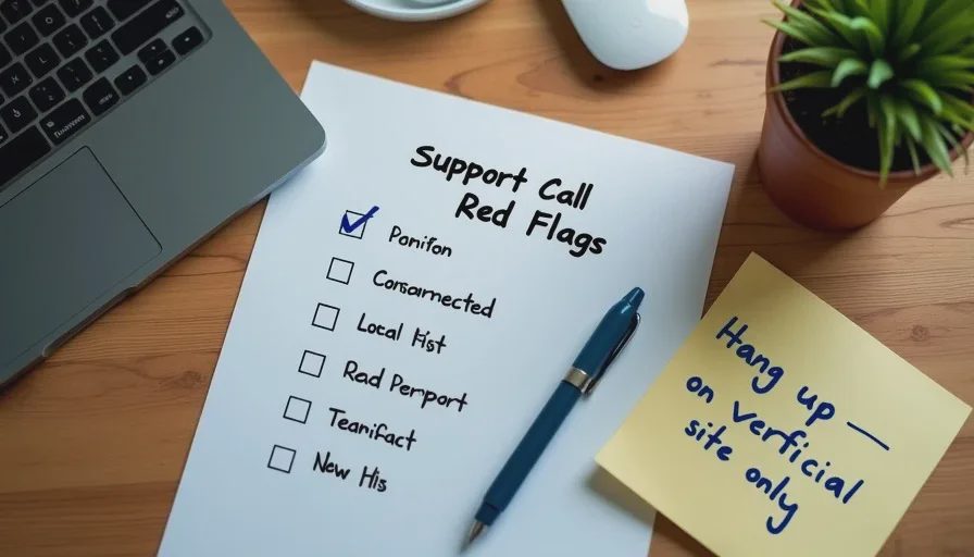 Ending the call and verifying only through official Microsoft channels Checklist of support-call red flags next to a disconnected laptop