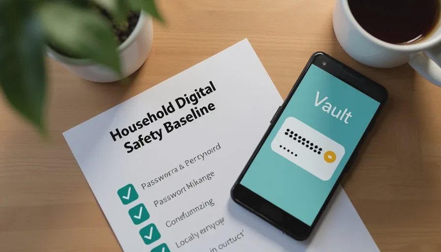 Printed household digital safety baseline checklist beside a phone showing a password manager