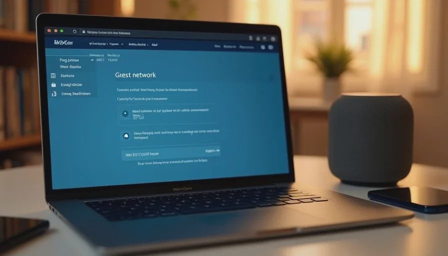 Laptop showing guest network and encryption settings next to smart devices