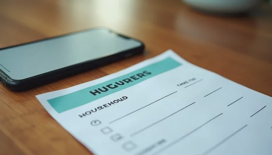 Printed digital safety checklist next to a phone on a kitchen table