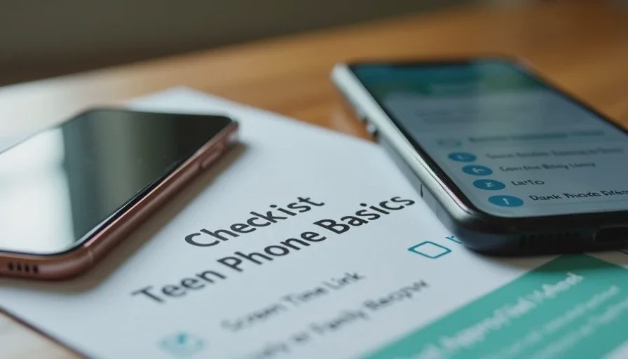 Setting up supervised account and app approval for a teenager’s first phone New teen smartphone beside a setup checklist and parent control screen